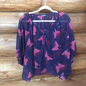 Express Purple Pink Butterfly Fairy Garden Semi Sheer Boho Flowy Top Size XS